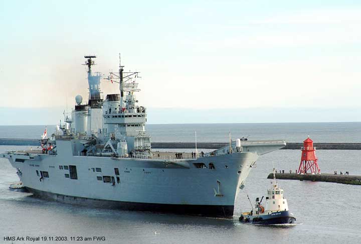 HMS Ark Royal returns to the river Tyne UK. 19 Nov 2003