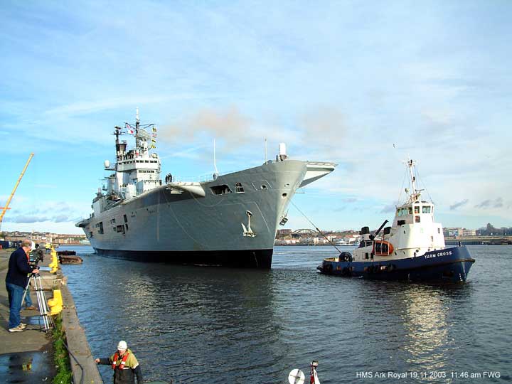 HMS Ark Royal returns to the river Tyne UK. 19 Nov 2003