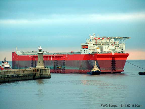 The gigantic Bonga, an oil and gas floating production platform enters the mouth of the river Tyne, Tynemouth.