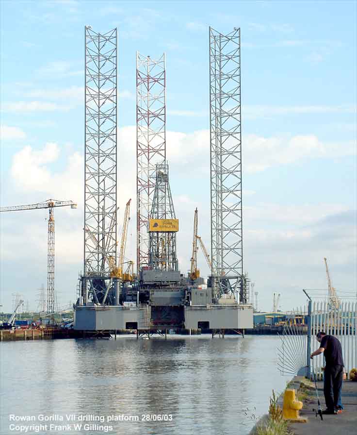 Work in progress at the  McNulty Offshore yard in South Shields upograding  Rowan Gorilla VII oil rig drilling platform on the river Tyne UK 28/06.2003