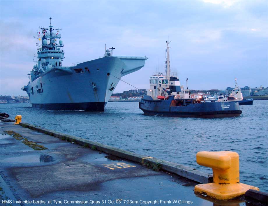 20,000 tonne-HMS Invincible berths at The Tyne Commission Quay on the  river Tyne Friday 31 Oct 03 for a four day visit