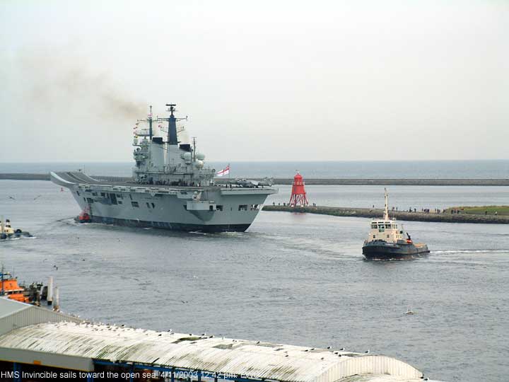 HMS Invincible passes the North Shields fish quay.